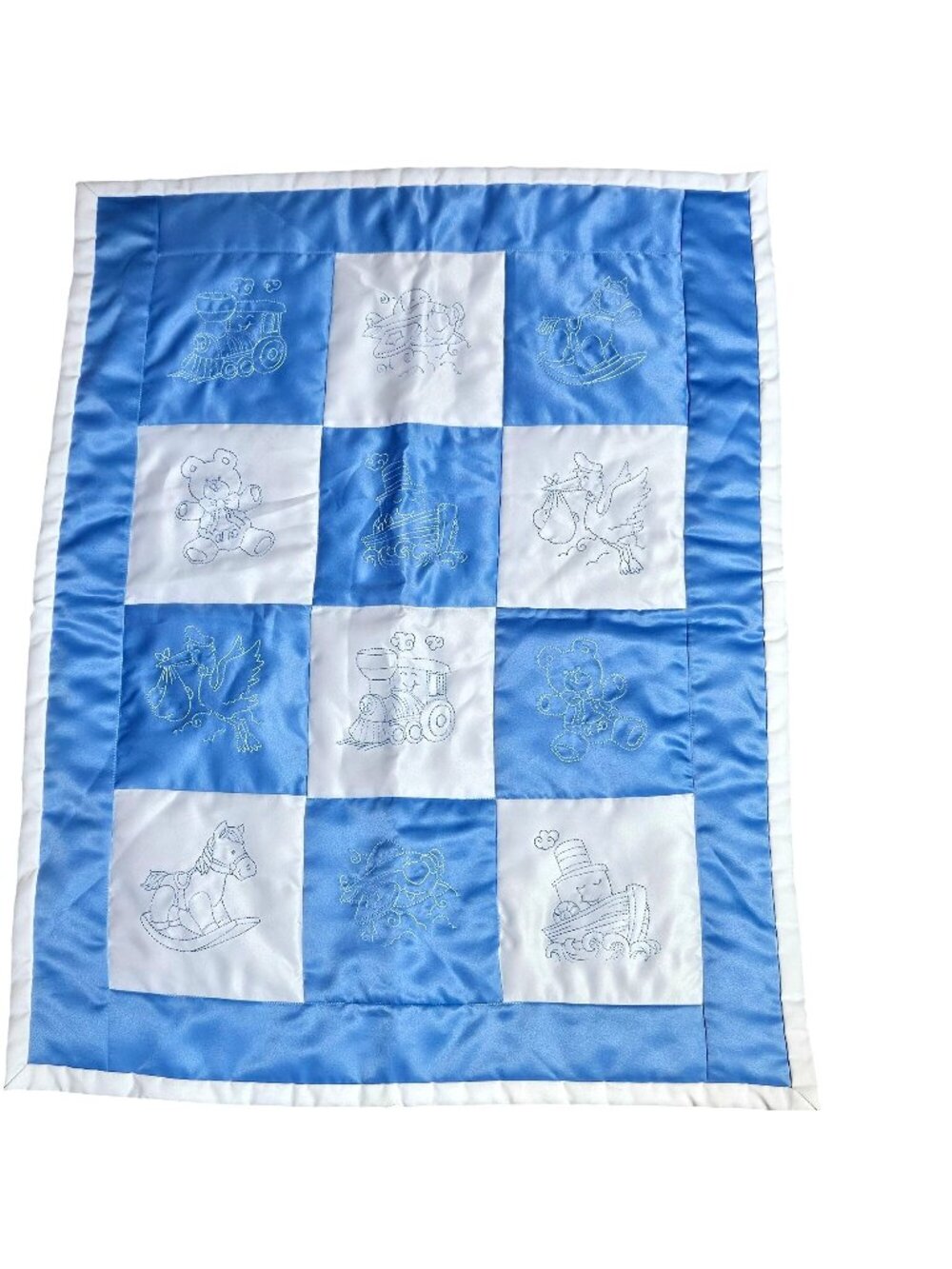 Cottagecore blue and white embroidered image baby cotton/silk blanket 20x25